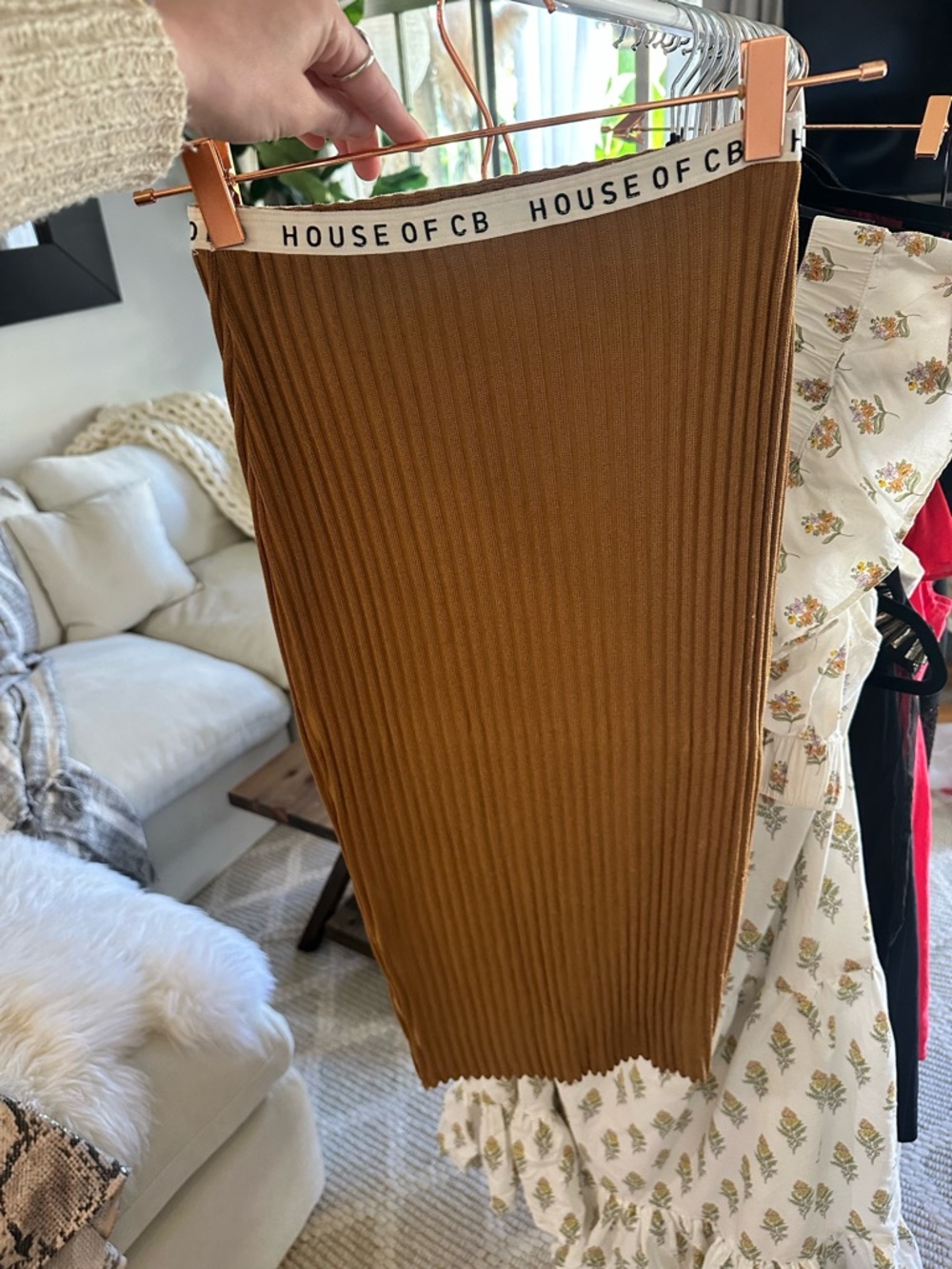 House of CB Ribbed Camel Midi Skirt with Logo Waistband S